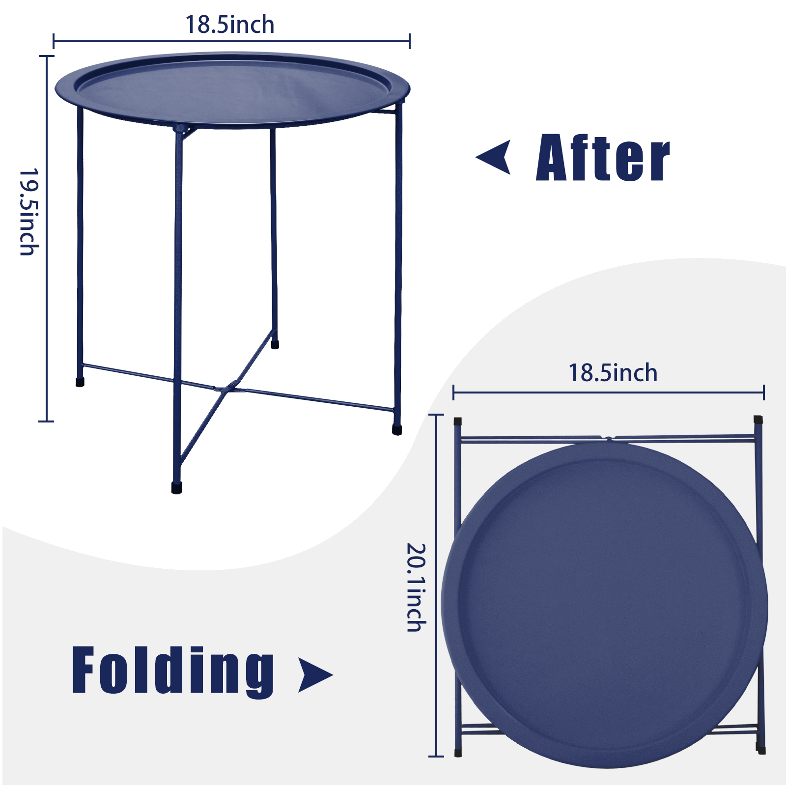 Folding Tray Metal Side Table Round End Table,Dark Blue Sofa Small Accent Fold-able Table, Round End Table Tray, Next to Sofa Table, Snack Table for Living Room and Bed Room - image 2 of 6