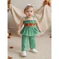 thumbnail image 4 of Loicainy Baby Toddler Kids Girl Halloween Outfit 6 9 12 18 24 Months 2T 3T 4T 5T Pumpkin Embroidery Smocked Tie-up Spaghetti Strap Tops Solid Wide Leg Pants Clothes Set, 4 of 9