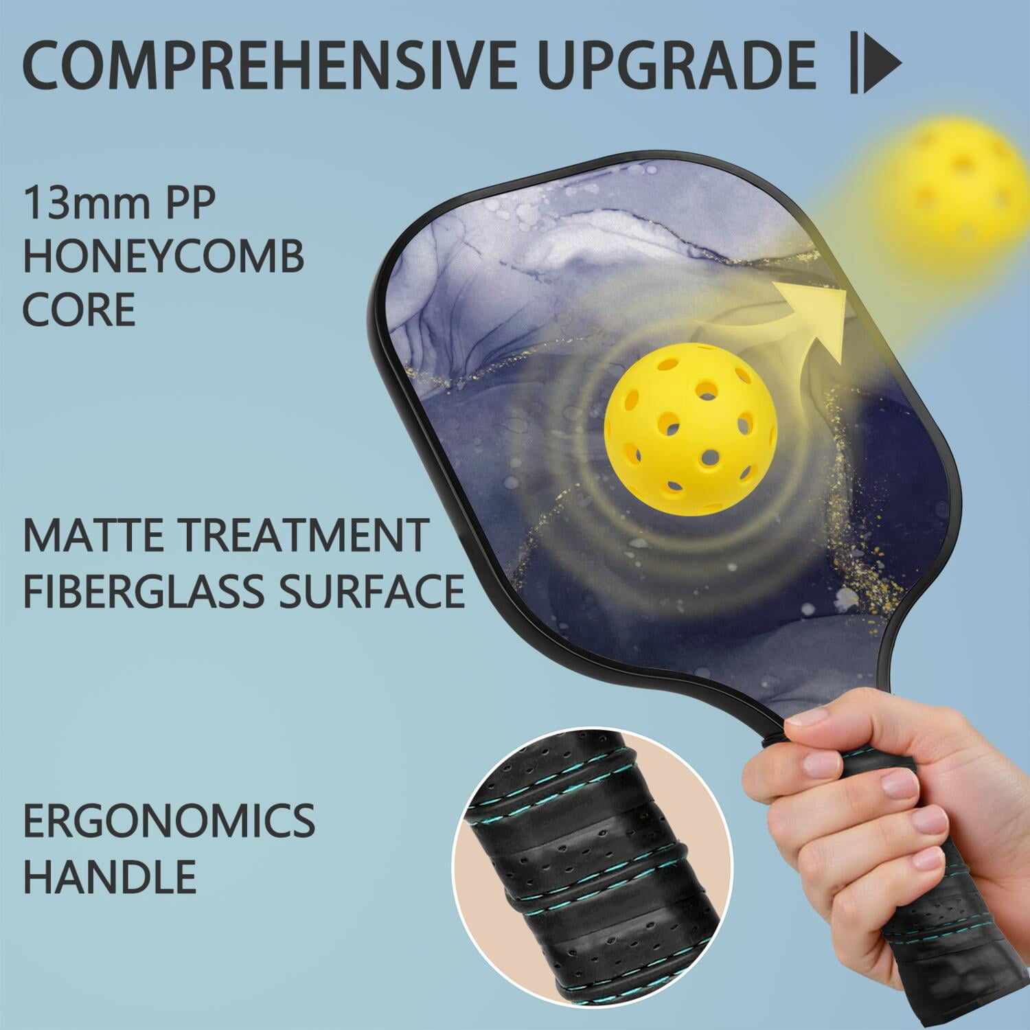 Pickleball Paddles Set Of 2, Fiberglass Surface, Turquoise Marble Pattern, 4 Balls & Bag