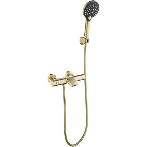 Bathtub Faucet with Handheld Shower Wall Mounted Brass Thermostat Shower Bathtub Faucet Brushed Gold