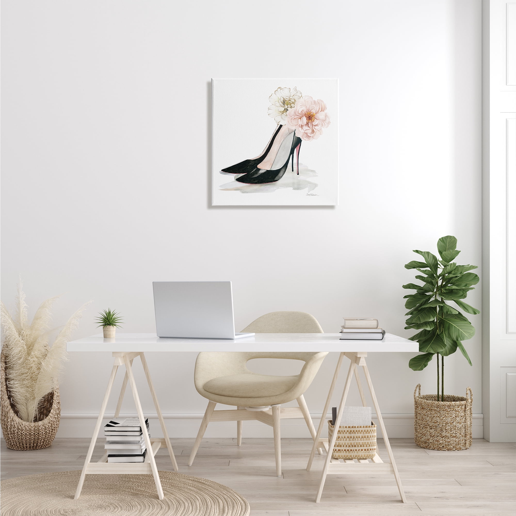 Stupell Industries Pink Floral Black Heels Chic Fashion Shoes Beauty & Fashion Painting Gallery Wrapped Canvas Print Wall Art, 24 x 24