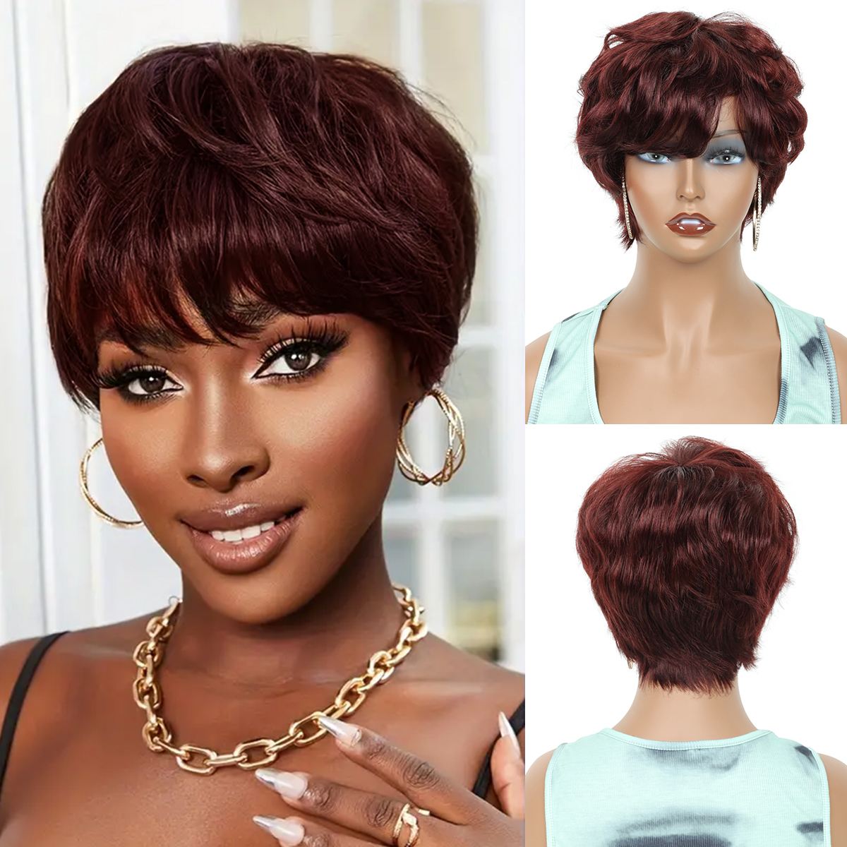 QUEENTAS Human Hair Wigs for Black Women Pixie Cut Wigs Glueless Wigs ...