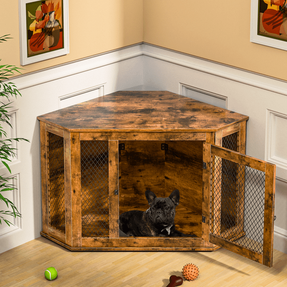 44 inch Corner Dog Crate Furniture,Wooden Dog Kennel Furniture with Mesh,Decorative Wood Dog House for Small/Medium/Large Dog,Perfect for Indoor Limited Room