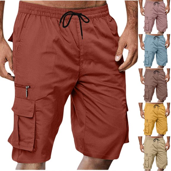 Sheghy Mens Cargo Shorts 100%Cotton Men Casual Fashion Solid Shorts with Multi-pocket Elastic Waist Cargo Pants Short Pants