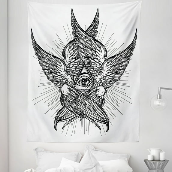 Eye Tapestry, All Seeing Eye of Providence Hand Drawn Vintage Style Winged Angel Seraphim Inspired, Fabric Wall Hanging Decor for Bedroom Living Room Dorm, 5 Sizes, Black White, by Ambesonne