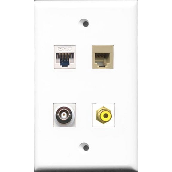 RiteAV 1 Port RCA Yellow and 1 Port Phone RJ11 RJ12 Beige and 1 Port BNC and 1 Port Cat5e Ethernet White Wall Plate