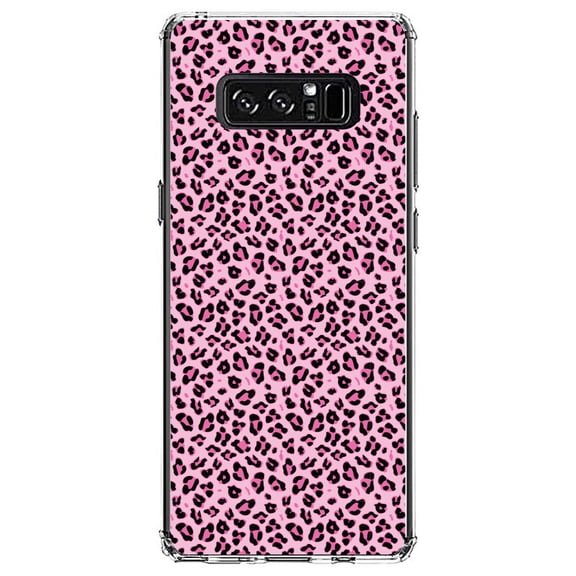 DistinctInk Clear Shockproof Hybrid Case for Samsung Galaxy Note 8 - TPU Bumper, Acrylic Back, Tempered Glass Screen Protector - Black Pink Leopard Skin Spots