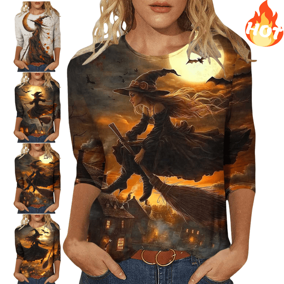 Sriper Basic Witch Halloween T-Shirt for Women,Sweatshirt-Friendly Elbow Sleeve Tops,Dressy Casual Novelty Graphic Tee,Tunic Blouse for Fall,Thanksgiving Outfits,Blusas Para Mujer Multicolor 2X