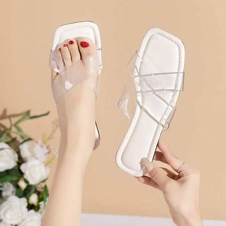 

Wavsuf Slides for Women Casual Summer Solid Wide Transparent Beige Slides Slippers Size 7