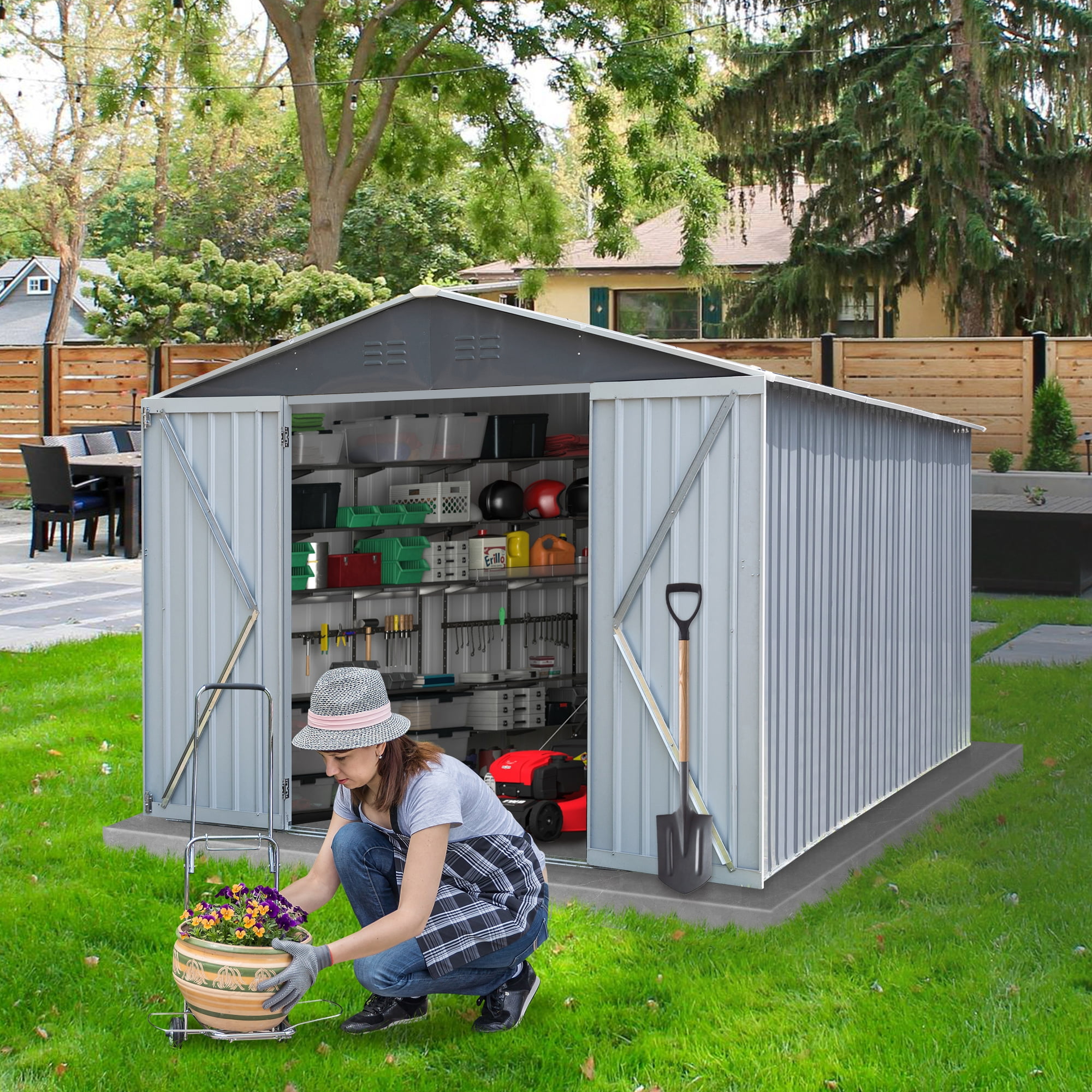 GVN 8” x 12” Hinge Outdoor Storage Room, Storage Shed with 2 Doors, Sloping Roof and 6 Pegs, Outside Garden Shed for Tools, Bike, Lawnmower and Garbage, Gray, Outdoor Storage, Storage Shed