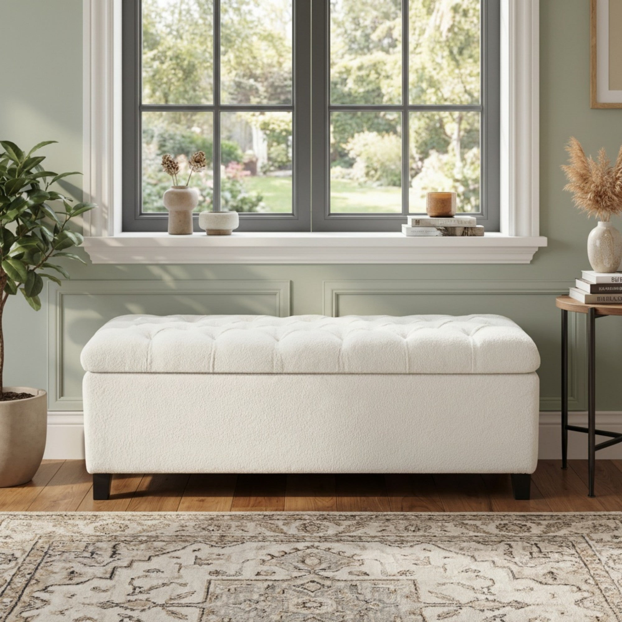 Sailvan 51" Boucle Storage Ottoman Bench,Upholstered End of Bed Bench with Button Tufting and Rubber Wood Legs for Bedroom and Entryway White