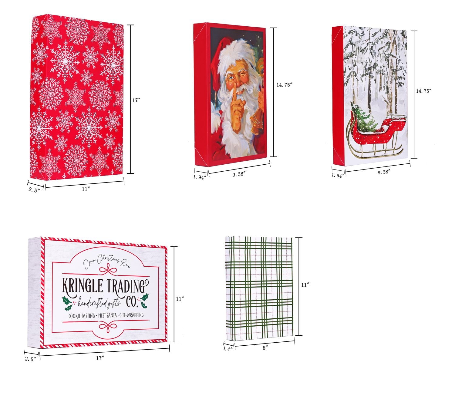 Holiday Time 10 Pack Assorted Gift Boxes, Traditional Santa, Sleigh, Snowflake, Plaid, Kringle Sign