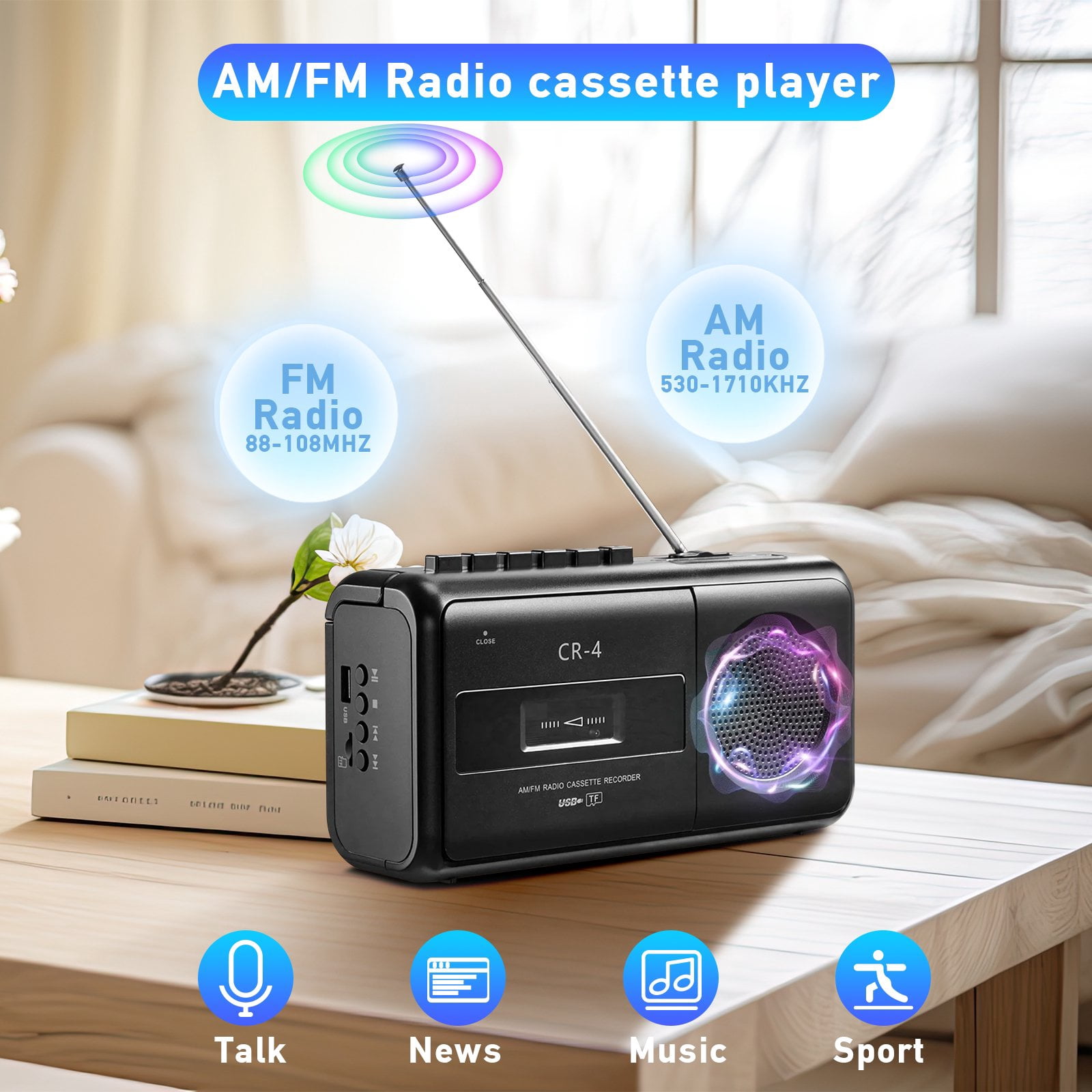 Cassette Tape Player Boombox,Portable Cassette Player AM/FM/SW Radio Stereo,Tape Player/Recorder with Big Speaker and Earphone Jack,AC Powered or Battery Operated Black