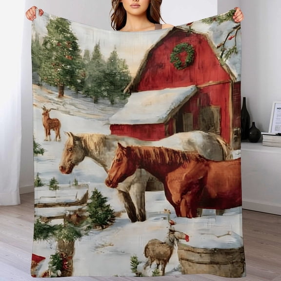 RKSupls Christmas Throw Blanket, Soft Warm Flannel Horse Pattern Blanket for Christmas Home Bed Sofa Couch Decor,60x80 in
