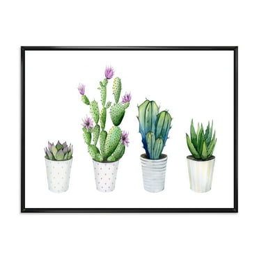 Designart 'Aloe Vera Cactus Succulent Home Plants In The Pots' Farmhouse Framed Canvas Wall Art Print