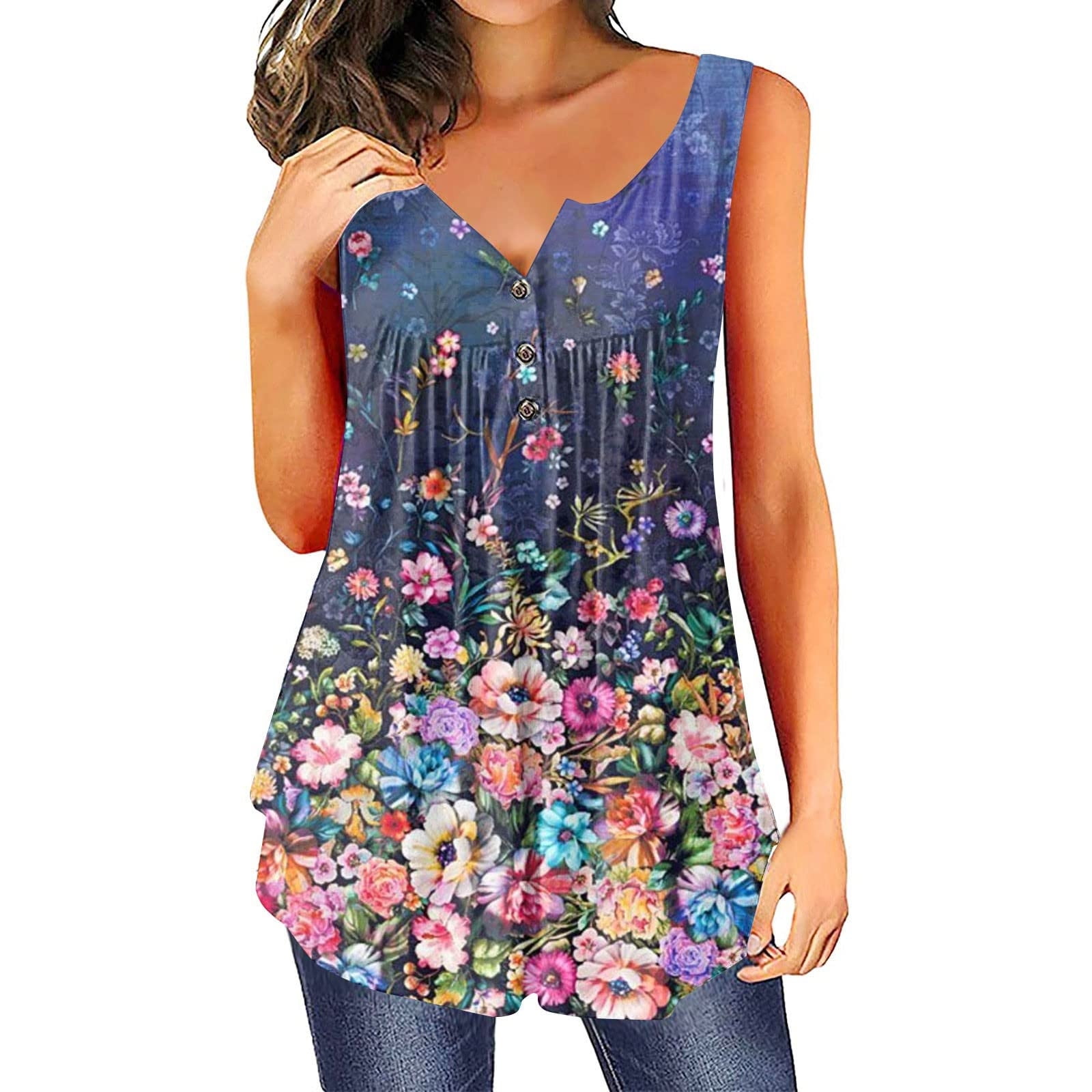 Scyoekwg Womens Tops Summer Henley Shirts Trendy Short Sleeve Button Up  Tunic Tops Cute Long Flowy Pleated Tshirt Floral Pattern Print Casual  Dressy