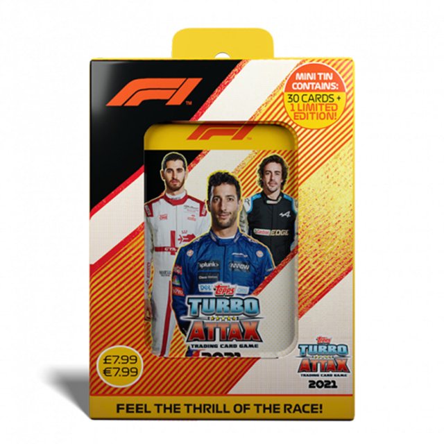 2021 Topps F1 Turbo Attax Mini Collector Tin #3 featuring Ricciardo, Alonso, and Giovinazzi, containing 31 trading cards and a Limited Edition Lando Norris card. The multicolour tin showcases Formula 1 drivers in official team attire, with bold branding and vibrant packaging. Includes cards from the 2020 F1 season and F2 racers.
