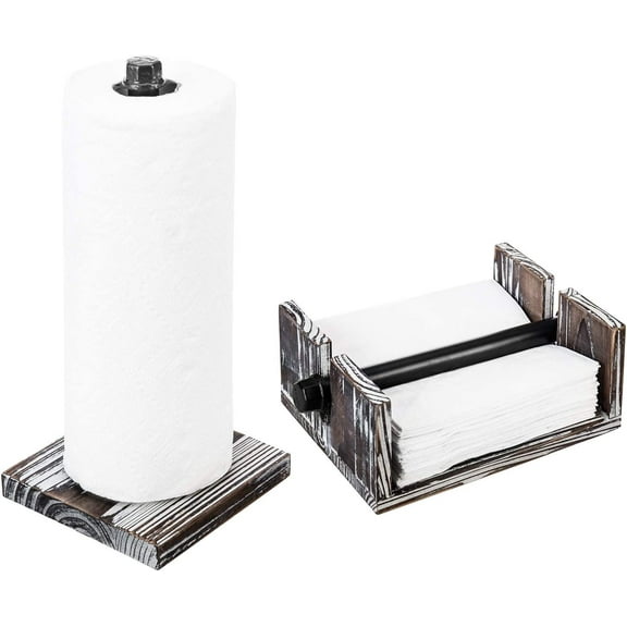 MyGift Wood and Metal Paper Towel and Napkin Holder Set, Industrial Kitchen Decorative Organizer