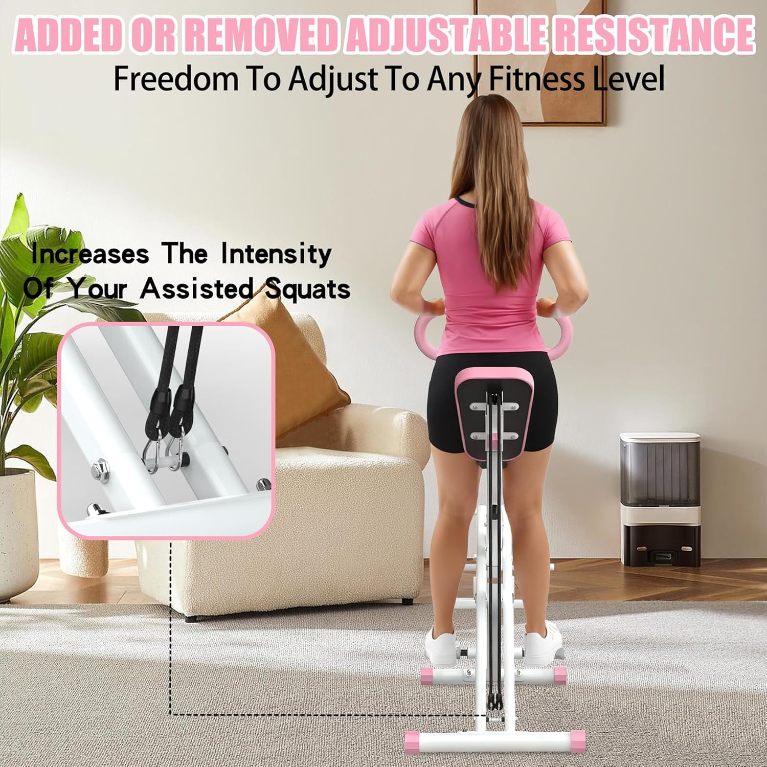 Zateety Squat Machine for Home, Assist Trainer for Glutes Workout Foldable with Resistance Bands, for Botty Glutes Butt Thighs, Ab Back/Leg Press Hip Thrust for Home Gym Fitness-Pink