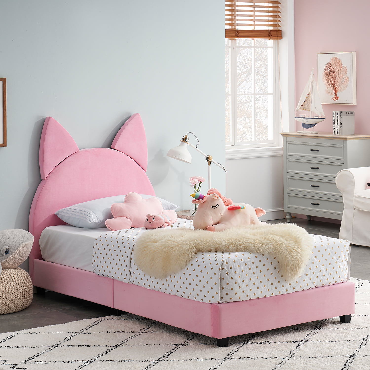 VECELO Kids Children Upholstered Bed Frame, Cat Shape, Twin Size