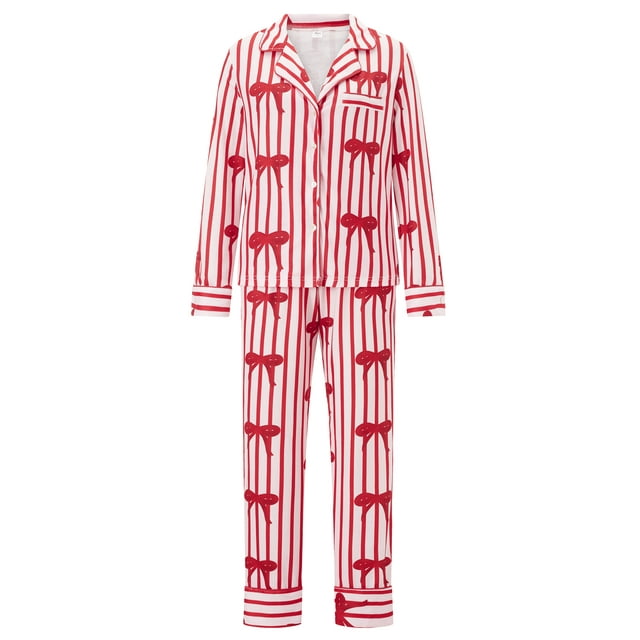 SUNSIOM Family Matching Pajama Set Lapel Neck Button-up Long Sleeve Tops Long Pants 2-Piece Bow/Solid Color Loungewear Outfit