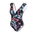 thumbnail image 4 of Yiaed Flowers ad Butterflies Print Women's Ruffled One Piece Swimsuit V Neck Swimwear Slimming Monokini for Woman-Large, 4 of 8