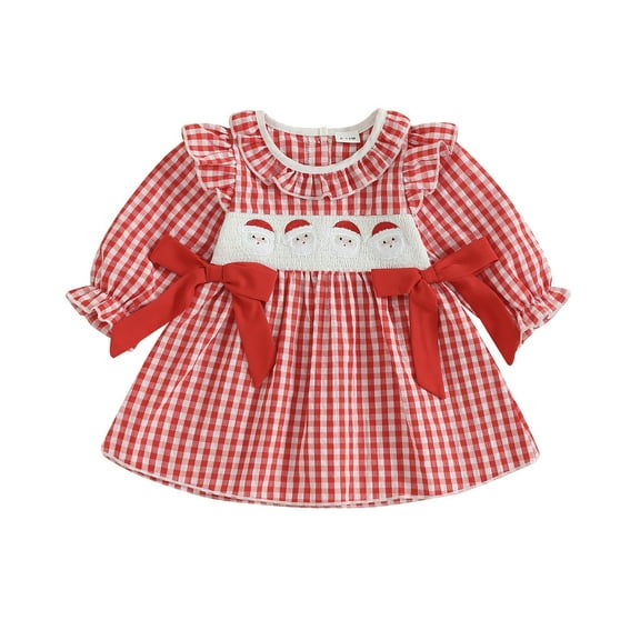 Jamsmile Toddler Girls Dress Christmas Long Sleeve Plaid Dress Santa Embroidery Bow Tie Holiday Party Gown Kids Girls Dresses