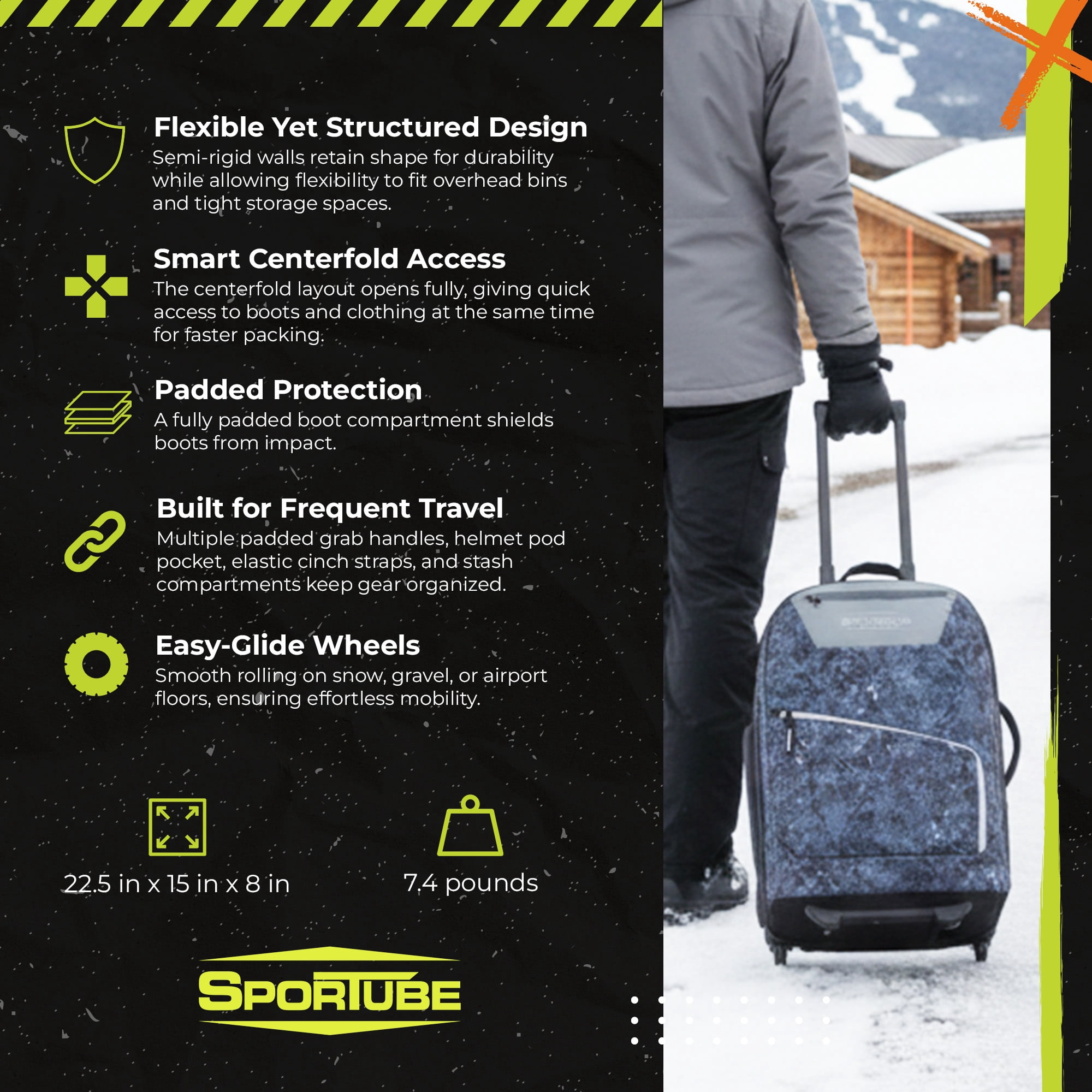Sportube Cabin Cruiser Wheeled Carry-On Boot Bag, Padded Travel Gear, Graphite Topo