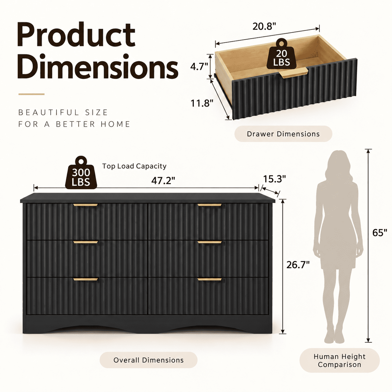 Lacoo 6 Drawer Dresser, 47'' Wide Fluted Dresser with Gold-Tone Handles, Wood Storage Chest with Smooth Glides, Modern Low Dresser for Bedroom, Living Room, Black