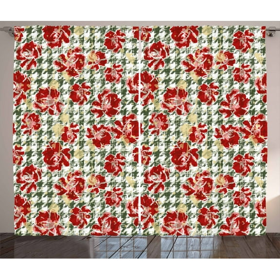 Ambesonne Floral Curtains 2 Panel Set, Scottish Houndstooth, 108" x 84", Hunter Green Ruby