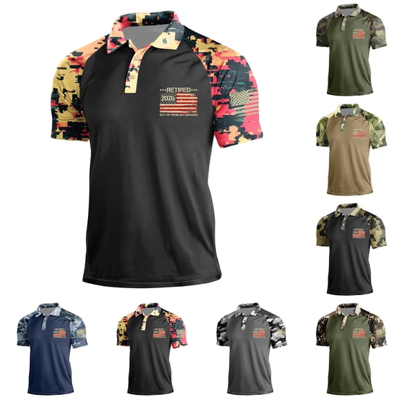 Havenx American Flag Camo Polo Shirts for Men Short Sleeve Camo Polo Shirt Button Front Collar Lapel Golf Shirt 4th Of July 250 Years Of Freedom Patriotic Tops,Black 3XL