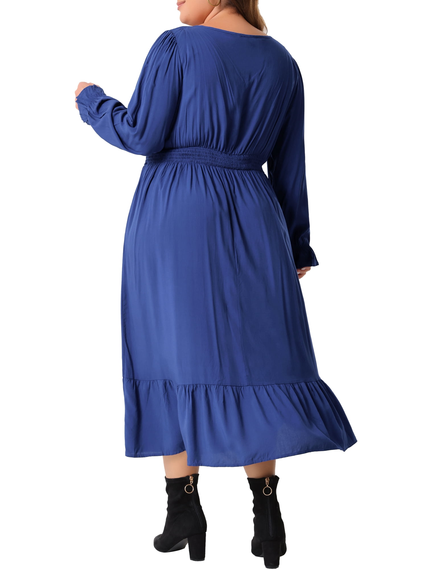 DARING DIVA Plus Size V Neck High Waist Ruffle Long Sleeve Dress 2X Royal Blue