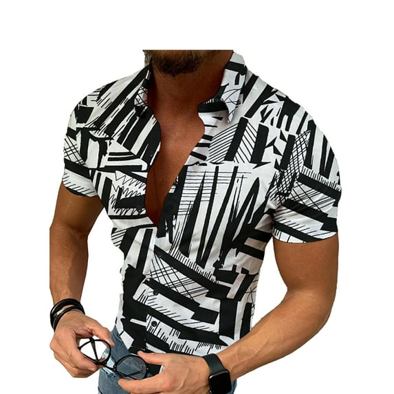 XXLvision Men Summer Printed Short Sleeve Buttons Down Beach Skinny Lapel Neck Casual Shirt