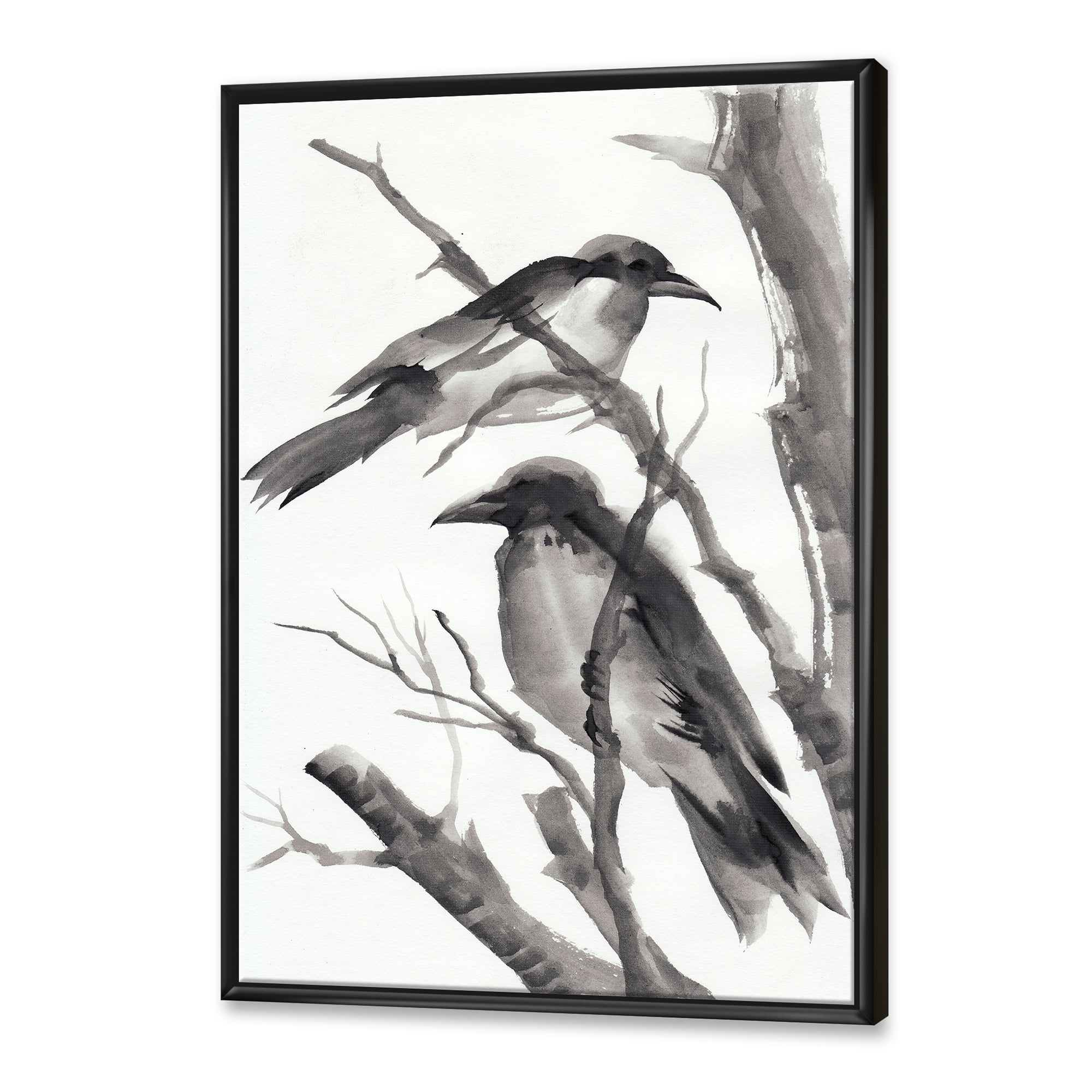 Vintage Black and White Sleeping Crows 30 in x 40 in Framed Painting Canvas Art Print, by Designart