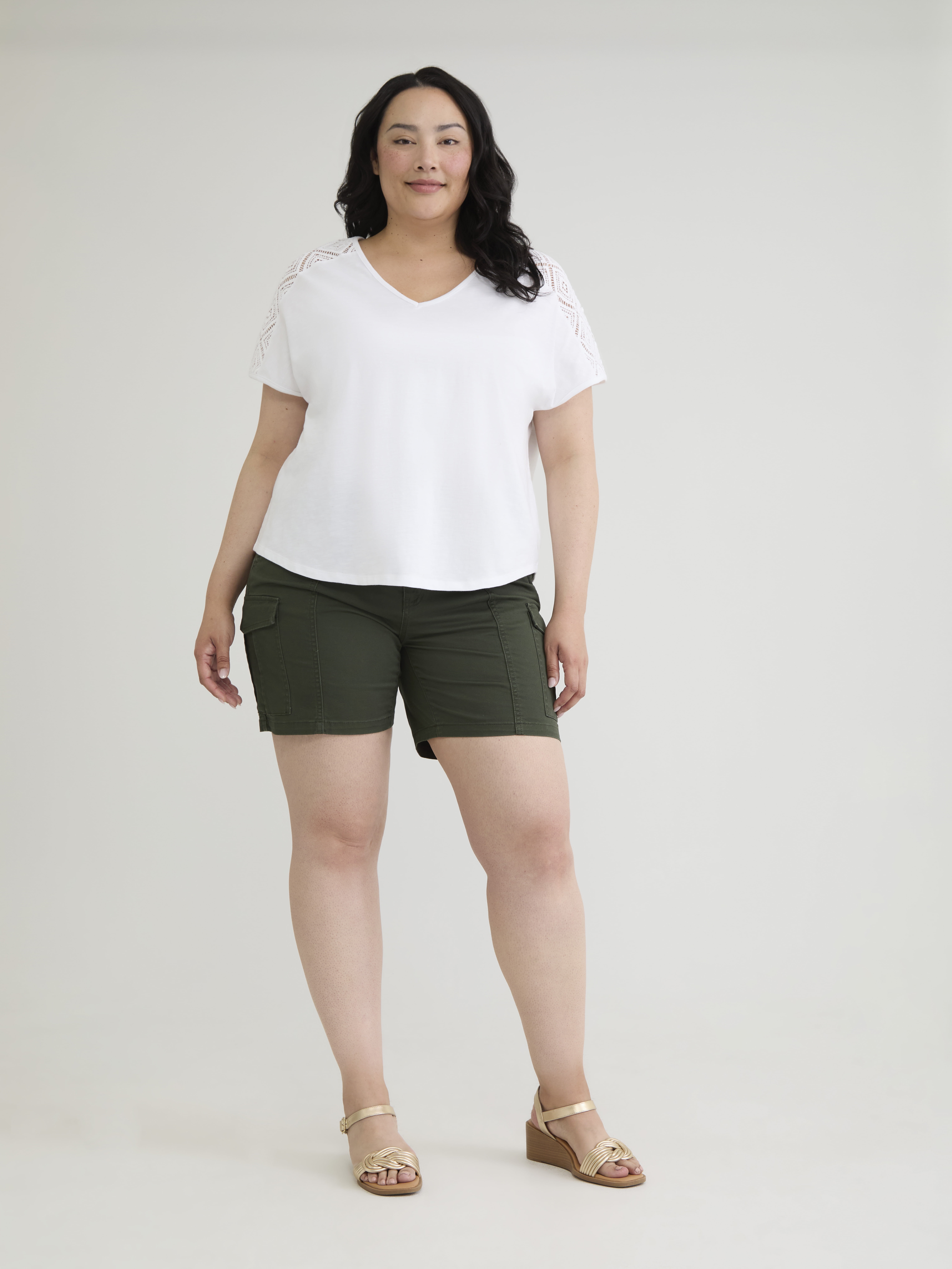 Terra & Sky Women's Plus V-Neck Crochet Dolman Cotton Tee, Sizes 0X-5X