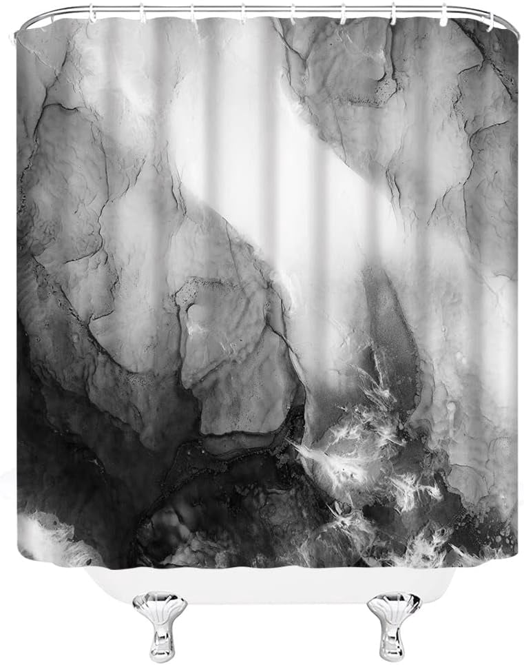 Abstract Marble Shower Curtain - Grey Ink Texture, 67x70 Inches, Luxury Modern Bathroom Decor With Hooks