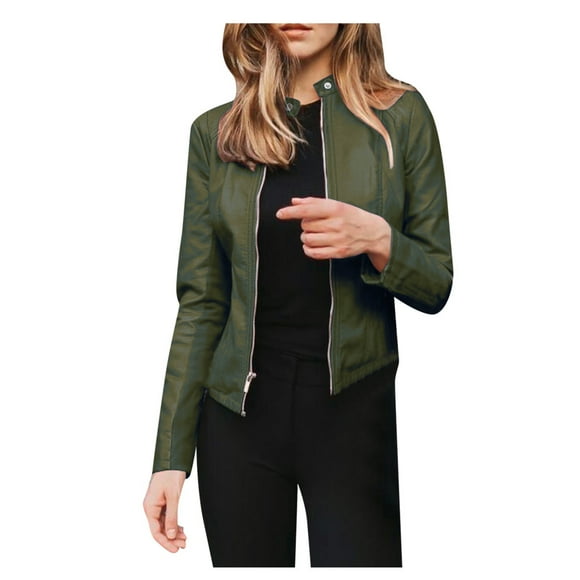 DondPO Leather Jacket Women Women Biker Ladies Jacket Coat Punk Tops Motor Cropped Short Lapel Zip Women's Coat Leather Blazer Women Black Leather Jacket Green M Clearance!