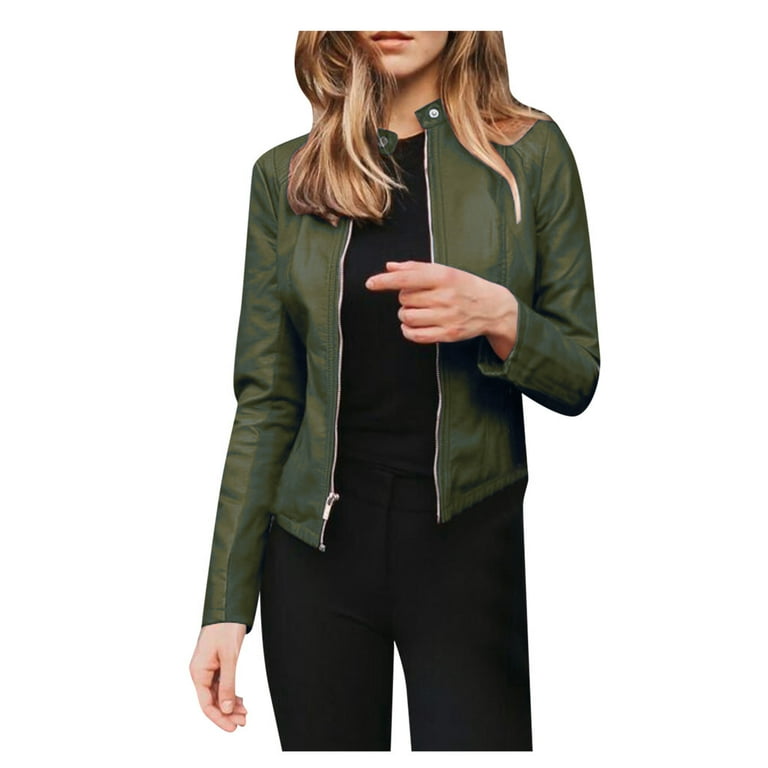 WJHWSX Womens Leather Jacket Long Sleeve Standard Business Womens Coat Army  Green