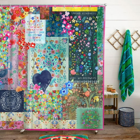 Boho Floral Shower Curtain for Bathroom,Bohemian Colorful Flower Spring Summer Wildflower Shower Curtain with Hooks,Polyester Fabric Shower Curtains Machine Washable Waterproof Bath Decor 72"Lx72"W