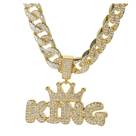 Yonghao Pavilion Men's Hip Hop Necklace King Crown Necklace with Silvery Diamond, Gold-Plated Cuban Chain,23.62 Inches