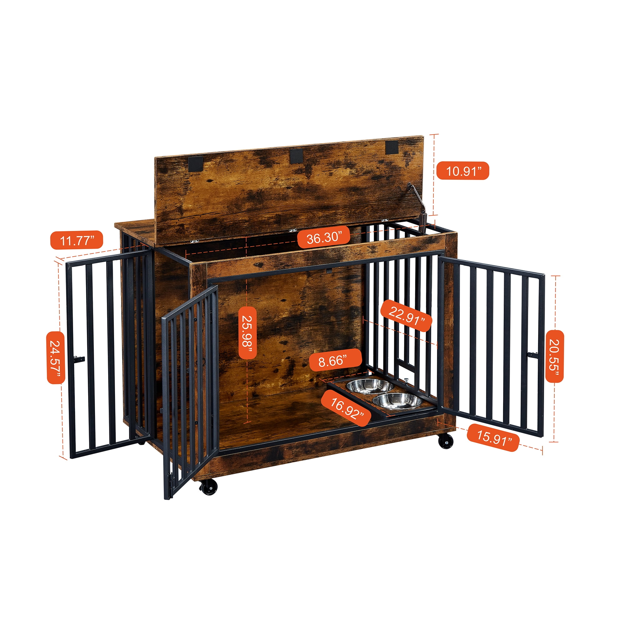 Pefilos 38" Furniture Style Dog Crate with Feeding Bowl, Wheels, Three Doors Kennel, Indoor Dog Cage Flip-Up Top Opening, Brown Pefilos 38" Furniture Style Dog Crate with Feeding Bowl, Wheels, Three Doors Kennel, Indoor Dog Cage Flip-Up Top Opening, Brown