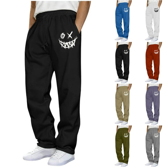 UVEASISHA Men's Fleece Sweatpants Smiley Face Print Sweat Pants Open Bottom Casual Joggers Elastic Waist Drawstring Athletic Trousers with Pockets Dark Gray S