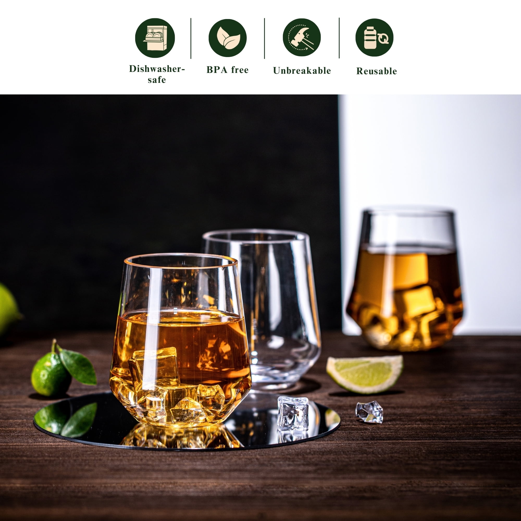 MIYOPESI 16oz Clear Stemless Wines Glasses (Set of 6), Shatter-Proof Bar Glasses, BPA-Free, Dishwasher-Safe