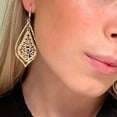thumbnail image 4 of ALLISON ROSE ATELIER – Boho Dangle Earrings – Worn Gold Plating with Filigree Design Medallion in a Chandelier Shape – Long size 2.99” Length. Lightweight Bohemian Dangle Earrings for Women, 4 of 7