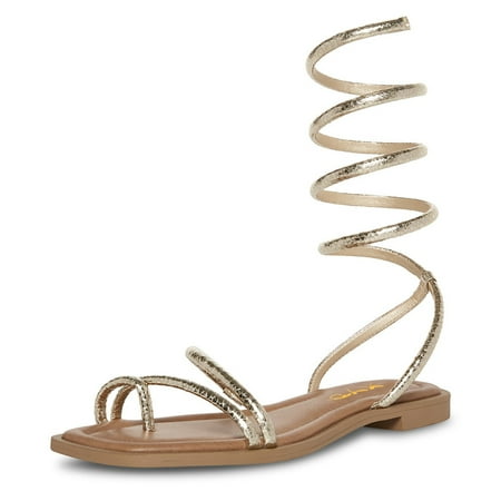XYD Women Casual Lace Up Strappy Gladiator Flats Thong Open Toe Sandals Beach Dressy Summer Shoes Size 8 Gold