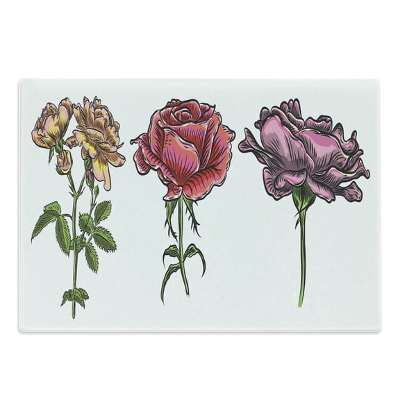 Floral Cutting Board, Various Rose Flowers Types Illustration Plain Background, Decorative Tempered Glass Cutting and Serving Board, in 3 Sizes, by Ambesonne