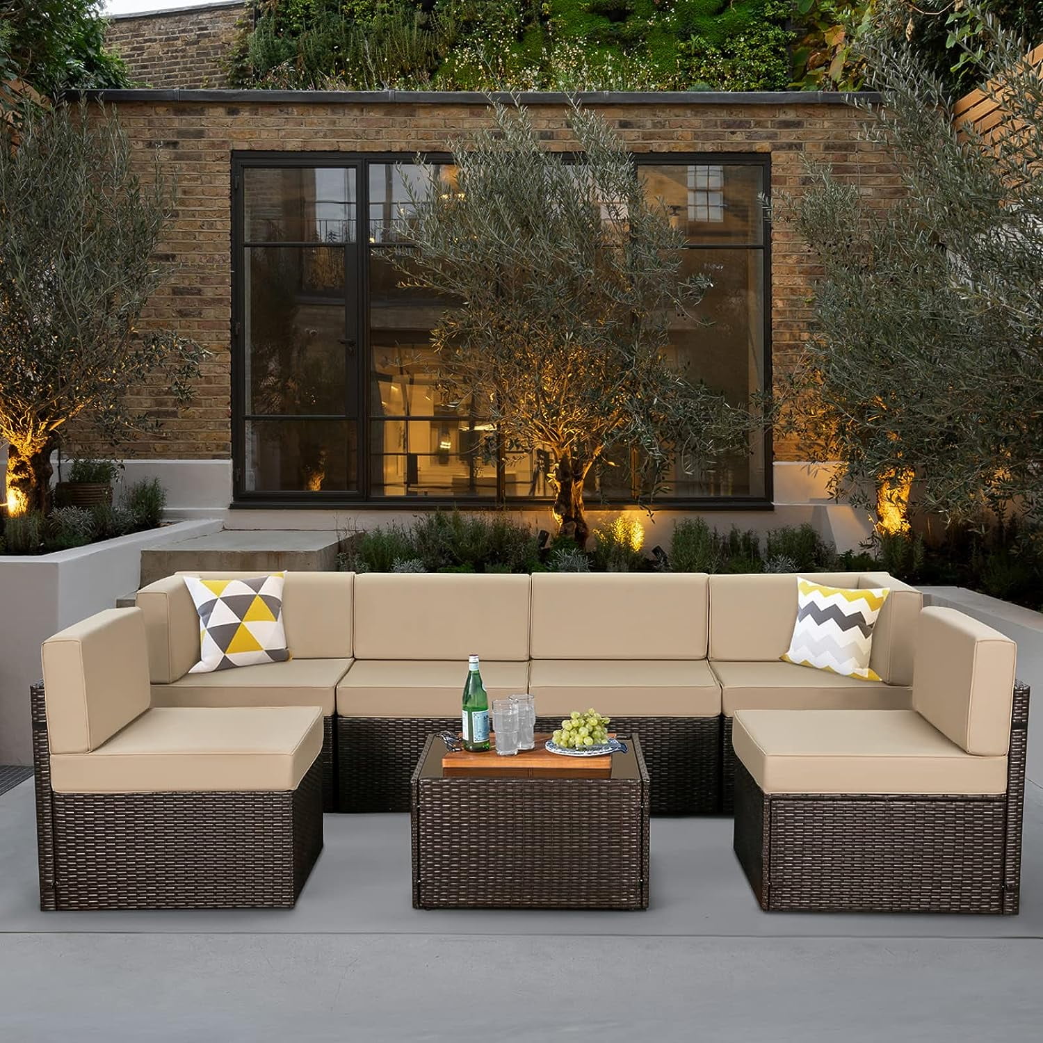 YODOLLA 7 Pc Patio Furniture Set in Beige Cushion& Black PE Rattan Outdoor Sectional Sofa Couch Patio Conversation Set with Table