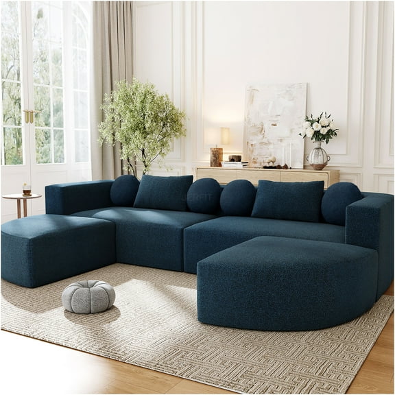 JERFIT Modular Boucle Sectional Sofa with Curved Chaise, Convertible Sofa Bed, Deep Seating, 6 Pillows, Modern Upholstered Furniture for Living Room, Blue