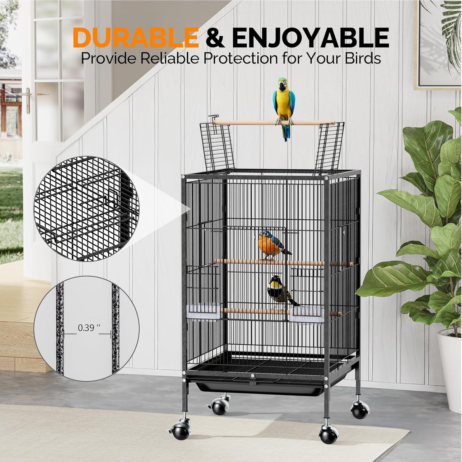 Miemie 38-inch Bird Cage with Wheels, Durable Wrought Iron Parakeet Cage with Slide Out Tray, Black Bird Cages for Parakeets/Cockatiels/Budgies and Other Small/Medium Birds (Medium-38 inch)