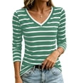 thumbnail image 6 of CLOISE 3/4 Length Sleeve Womens Tops Shirts Slim Striped V Neck Pullover Casual Fall Clothes Green S, 6 of 7